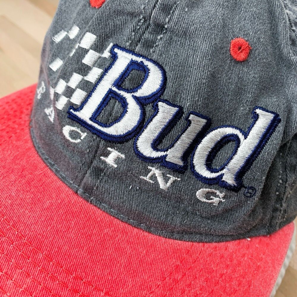 Vintage Distressed Bud Racing Budweiser Beer NASCAR Trucker Hat Snapback Dad Cap